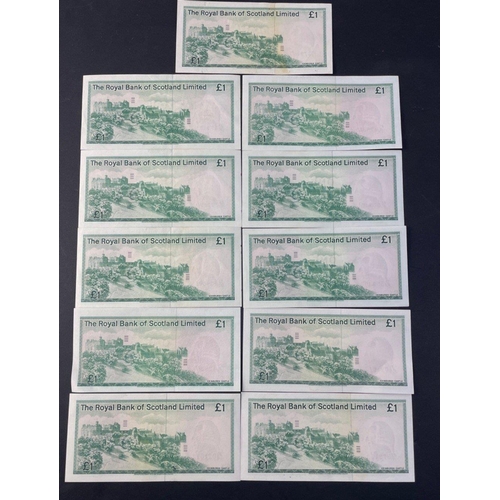 11 - A super lot of eleven Burke 1976 ROYAL BANK OF SCOTLAND One Pound banknotes. A sequence of three and... 