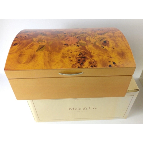 136 - Three new, unused, boxed MELE & CO jewellery boxes with floral inlay oak, one with rounded lid (... 