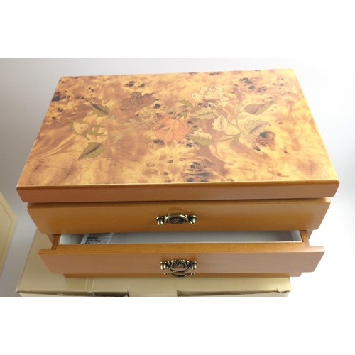 136 - Three new, unused, boxed MELE & CO jewellery boxes with floral inlay oak, one with rounded lid (... 