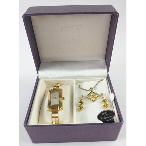 231 - A boxed SPIRIT OF CHARLES RENNIE MACKINTOSH watch with a pendant necklace and matching earrings (RRP... 