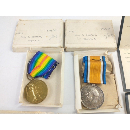 246 - WWI Medal Pair to Scottish soldier Corporal Charles Comfort 42331 Highland Light Infantry.  Killed i... 