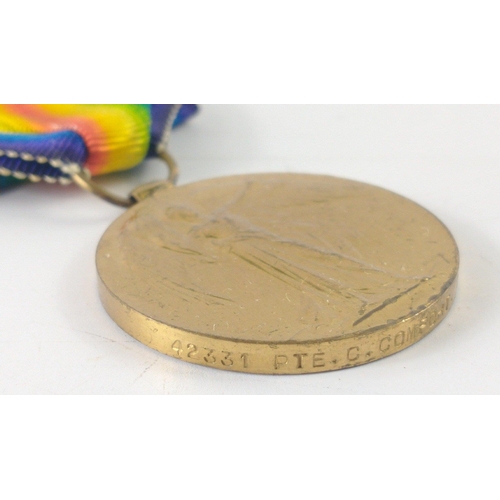 246 - WWI Medal Pair to Scottish soldier Corporal Charles Comfort 42331 Highland Light Infantry.  Killed i... 