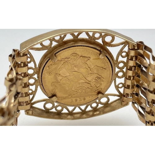 38 - A 375 stamped yellow gold bracelet with a mounted FULL GOLD SOVEREIGN 1913 total weight 27.98g appro... 