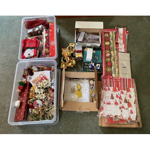 681 - A HUGE collection of XMAS items, decorations, wrapping paper etc - the two lidded plastic storage bo... 