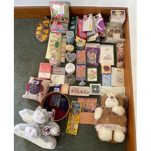 688 - A box FULL of CANDLES, SOAPS, STATIONERY, LADIES TIGHTS, STATIONERY ORGANISERS, CUDDLY HOT WATER BOT... 