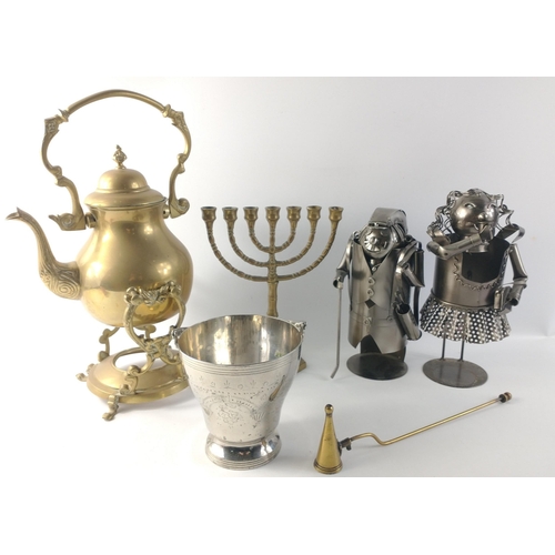 392 - A box containing metalware objects to include novelty wine bottle holder, a brass kettle on stand, a... 