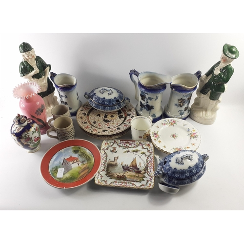 126 - A mixed lot of ceramics to include two J&G MEAKIN sauceboats (one with ladle), 3 blue and white ... 