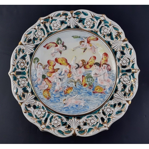 127 - A large CAPODIMONTE cherub merman and mermaid sea scene number 433 gilded charger 36cm diameter (sma... 