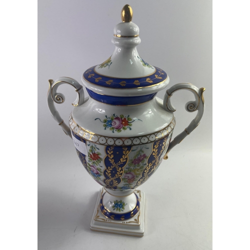 128 - A floral and gilt lidded urn, possible VOLKSTED, standing approx 36cm tall, no visible damage#128... 