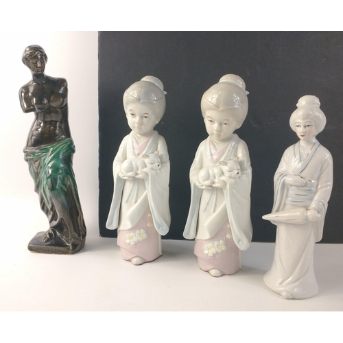 151 - A selection of four ceramic figurines to include a Venus di Milo figure (approx H27cm), two delicate... 