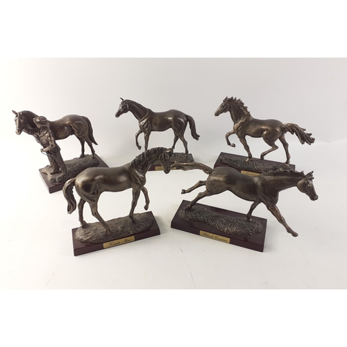 168 - A collection of five bronze effect resin models of race horses on plinths.  Each stands approx 14cm ... 