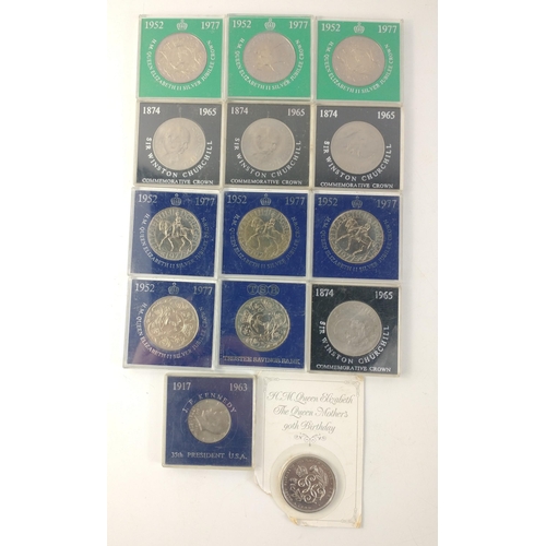 114 - A quantity of twelve cased commemorative crowns plus a 1990 Queen Mother £5, 1961 half dollar#114... 