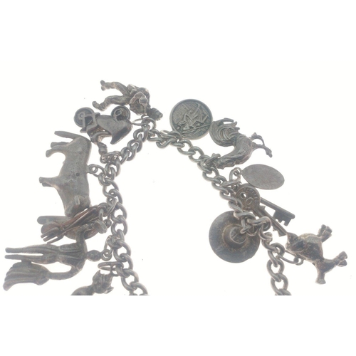 22 - A charm bracelet with a locket stamped silver hosting 14 charms some stamped silver, Weight 48.65g a... 