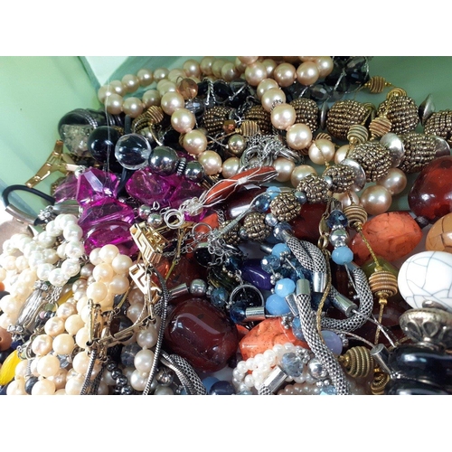 28 - A box of costume jewellery of the chunky beaded sort, mainly necklaces with some semi-precious stone... 