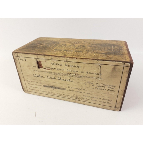 280 - A vintage wooden CHRISTIAN ENDEAVOUR SUA=BUE MISSION collecting box 16x7x8cm approx  WOOLER CHURCH S... 