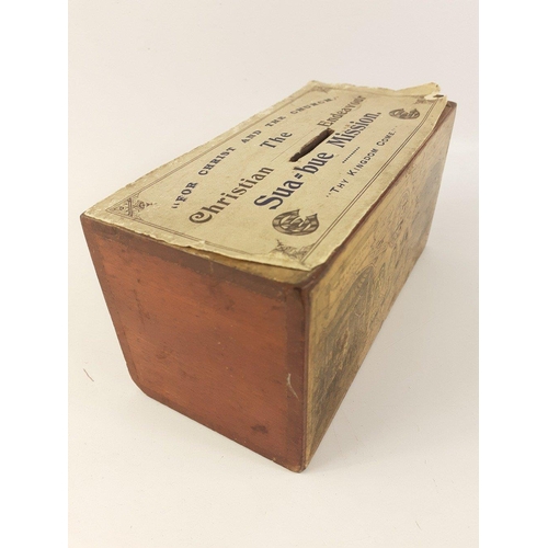 280 - A vintage wooden CHRISTIAN ENDEAVOUR SUA=BUE MISSION collecting box 16x7x8cm approx  WOOLER CHURCH S... 