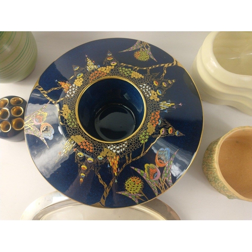 301 - A mixed ceramics lot to include an unusual CARLTON WARE pot in cobalt blue with gilt highlights 27cm... 