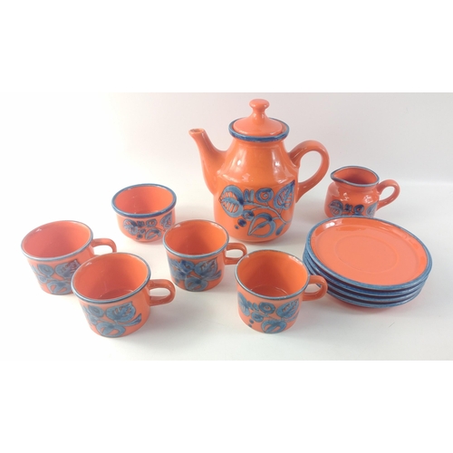 319 - A retro orange and blue trimmed coffee set for four in German pottery by SCHRAMBERG TIVOLI comprisin... 