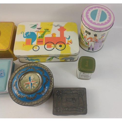 375 - A collection of vintage collectable tins to include 1960s/70s CARRS ASSORTED ICED BISCUITS, MITCHELL... 