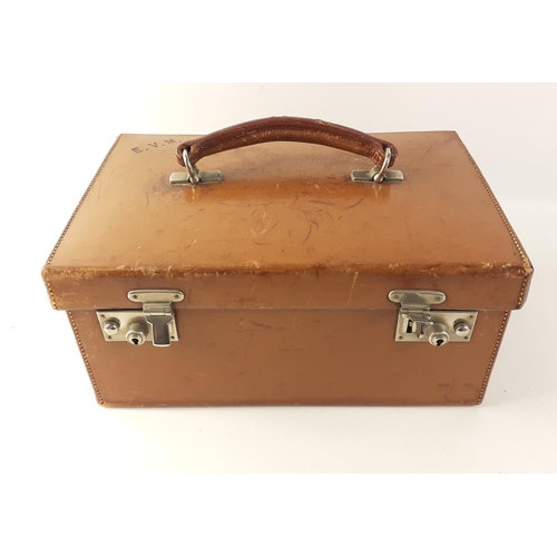 379 - A vintage monogrammed HARRODS tan leather hard-sided travel case 30x20x14cm#387