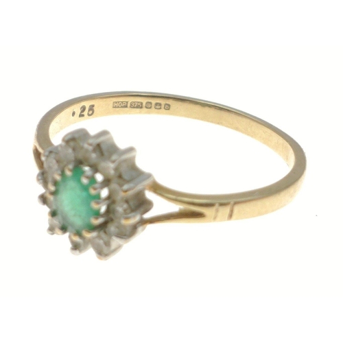 4 - A pretty EMERALD and DIAMOND (tested) dress ring in floral form stamped 375 yellow gold - ring size ... 