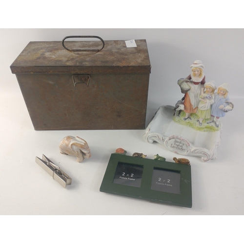 612 - A mixed box to include a YARDLEY English Lavender soap dish, a vintage metal tin (26x12x17cm), a sma... 