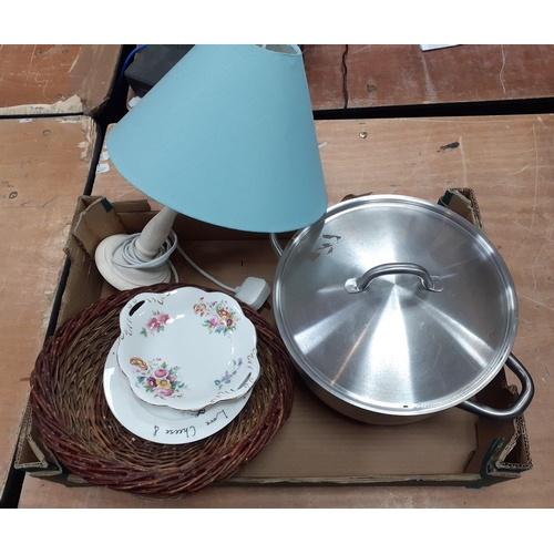 619 - A mixed box to include a table lamp with blue shade, large aluminium soup pot and a shallow wicker b... 