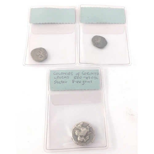 84 - A collection of three CORINTHIAN silver coins to include colonies of Corinth stater 8.4g approx, 18m... 