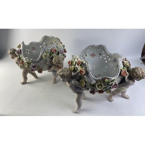 114 - EXQUISITE! 
A pair of SUBSTANTIAL SITZENDORF porcelain colourful bowls with standing CHERUB figures
... 