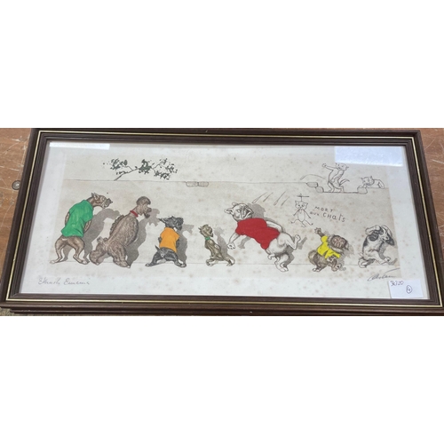 392 - BORIS O'KLEIN VINTAGE hand coloured etching entitled 'Eternal Enemies' 52cm x 24cm approx#83