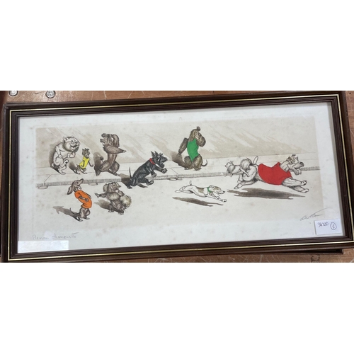 393 - BORIS O'KLEIN VINTAGE hand-coloured etching entitled Dirty Dogs of Paris 'Reviens Chouquette'' 52cm ... 