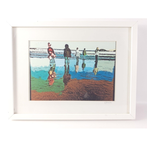 396 - An original work of art by a SCOTTISH BORDERS ARTIST, LESLEY JOHNSON depicting 5 figures on a beach ... 