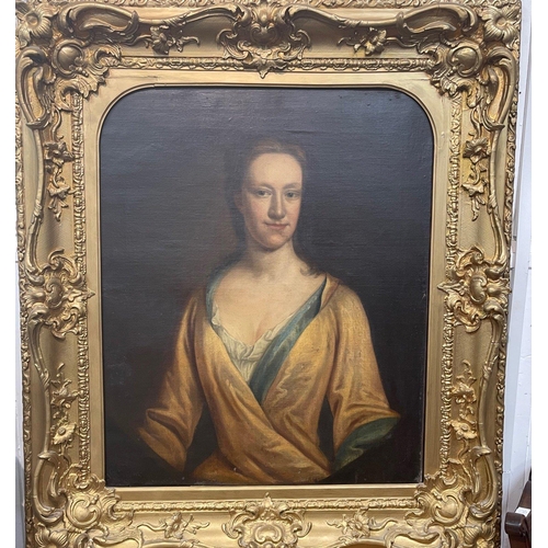 401 - 17th Century PORTRAIT OF A LADY - 3/4 length standing portrait in a gold satin dress with blue linin... 