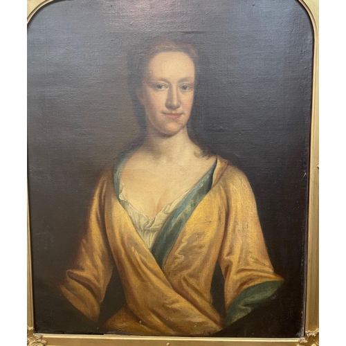 401 - 17th Century PORTRAIT OF A LADY - 3/4 length standing portrait in a gold satin dress with blue linin... 