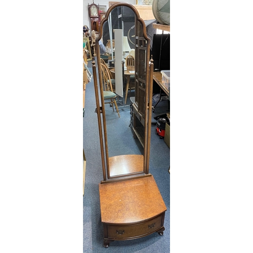 404 - A c1930's BEAUTIFUL QUALITY full length adjustable floor mirror with a bottom drawer supported on fo... 