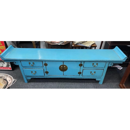 429 - An UNUSUAL ORIENTAL low wall table or suitable as a media/TV cabinet in a blue distressed style laqu... 