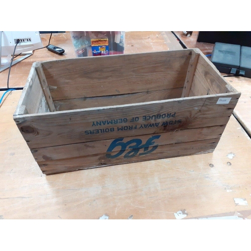 486 - An old wooden box, ideal for storing logs, stamped 'Produce of Germany', measures 61x30x26cm approx#... 