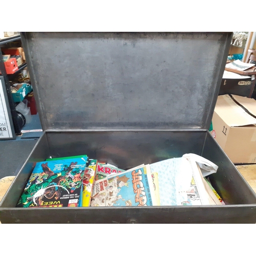 243 - A large tin trunk, (excl contents) measures 77x45x41cm#244