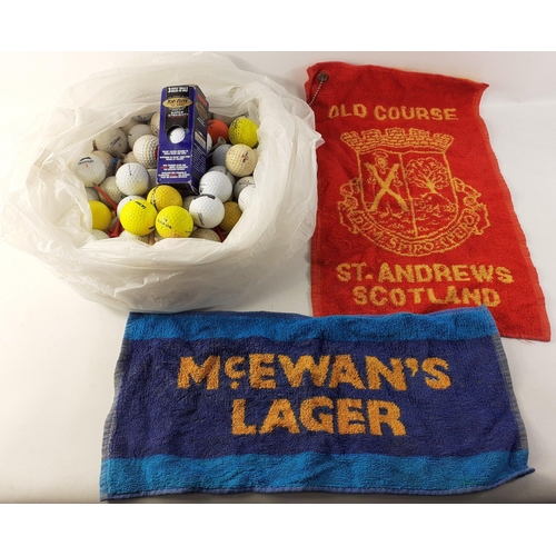 248A - A bag of used and unused golf balls, Ts and a small McEwans Lager bar towel and a small Old Course S... 
