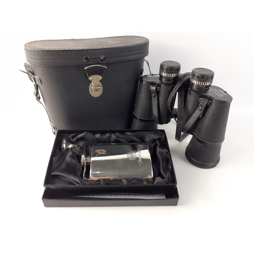278 - A pair of PLUS 12 x 50 made in Korea binoculars in case.  Lot includes a boxed Glenkinchie hip flask... 