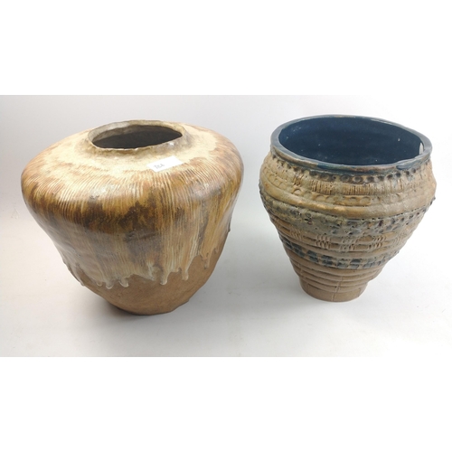 184 - TWO LOCAL BORDER ARTIST DECORATIVE STUDIO POTTERY large vases, one drip-glazed effect and the other ... 