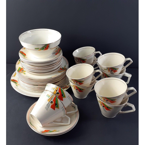 188 - A vintage JOHNSON BROS 'Pareek' pattern Art Deco tea service 9 cups, 12 saucers, 12 side plates, 1 c... 