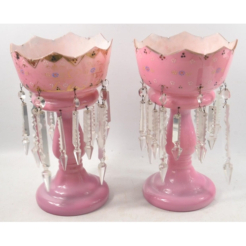 211 - A Victorian pair of Garindles or lustre vases in pink glass with crystal prisms/droplets#44