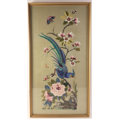 327 - (408) A hand-worked embroidery of a bird of paradise with a butterfly and peony, frame measures 34cm... 
