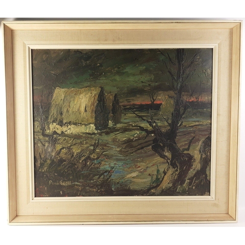 331 - A framed original oil painting on board of a stormy landscape with haystacks by PAUL EAREE frame siz... 
