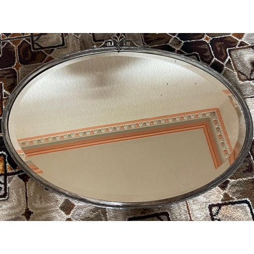 349 - A NICE QUALITY white metal finnial topped and framed oval wall mirror - 2ft diameter approx#95