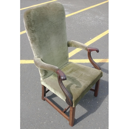 367 - A green velvet high-backed armchair with scrolled arms measuring 66cmW x 108cmH x 66cmD#102