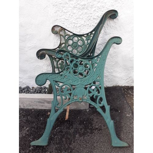 394 - PERFECT for the GARDEN! Two green-painted cast metal wooden garden bench ends with centre strap. Mea... 