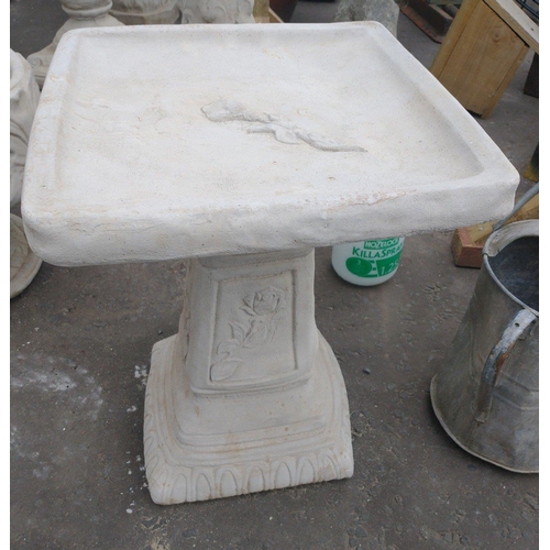 401 - A classic style square stonework birdbath adorned with a rose, in two pieces 40cm x 40cm x 51cm H - ... 