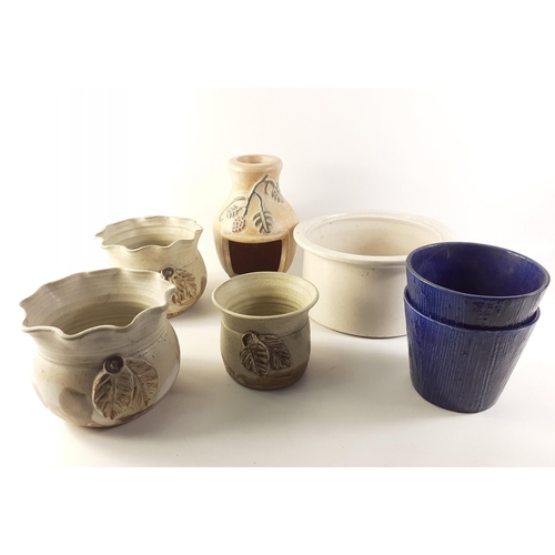 419 - A mixed lot of plant holders including 2 pottery with fluted edges, (15cm dia x 12cm) and one with a... 